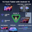 Android Tablet 10 Inch, Android 15 Tablets 2025 for Adults, Octa-Core, 12GB RAM,128GB Storage(2TB Expandable), Large Touch Screen Tablet with 10H Battery Life,WiFi & Bluetooth 5.0,Gray Blue