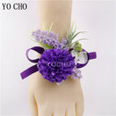 YO CHO Purple Bridesmaid Wrist Flowers Handmade Wedding Corsages and Boutonnieres Brooch Artificial Rose Bride Groom Boutonniere