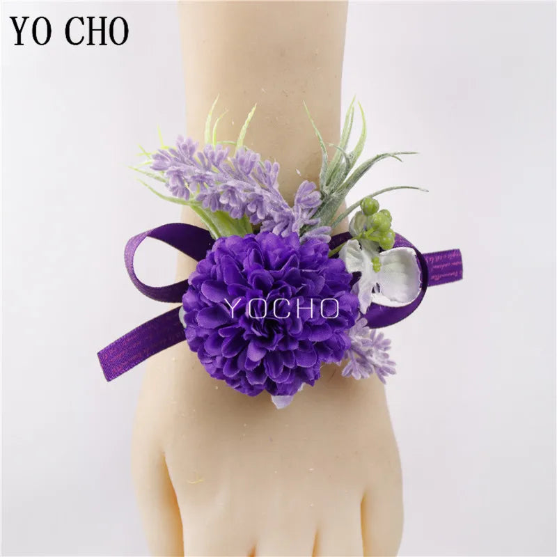 YO CHO Purple Bridesmaid Wrist Flowers Handmade Wedding Corsages and Boutonnieres Brooch Artificial Rose Bride Groom Boutonniere
