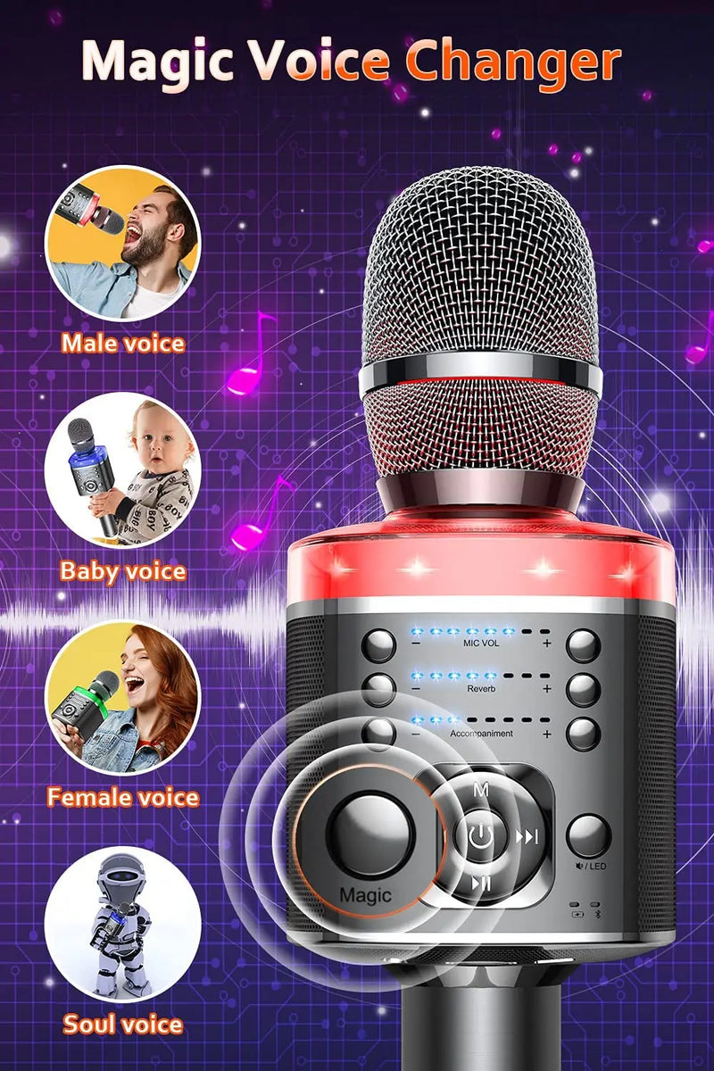 Karaoke Microphone Bluetooth Wireless Mic with Magic Sound LED Light Portable Singing Machine for Home KTV Party Adult/Kid Gift
