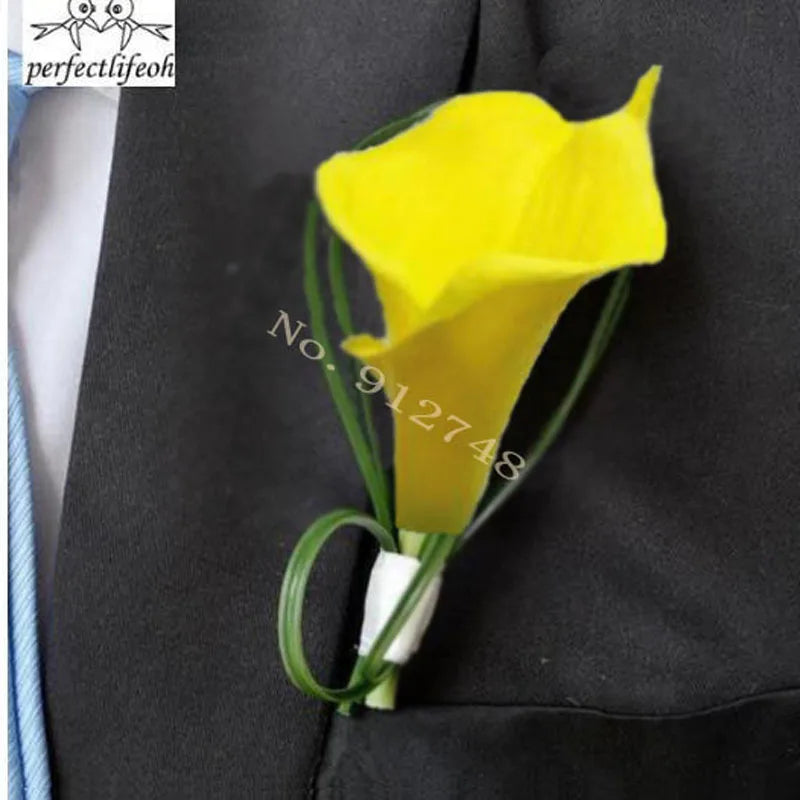 Perfectlifeoh Hand Made White Calla Lily Flower Corsage Groom Groomsman Wedding Party Man Boutonniere Pin Brooch Decoration