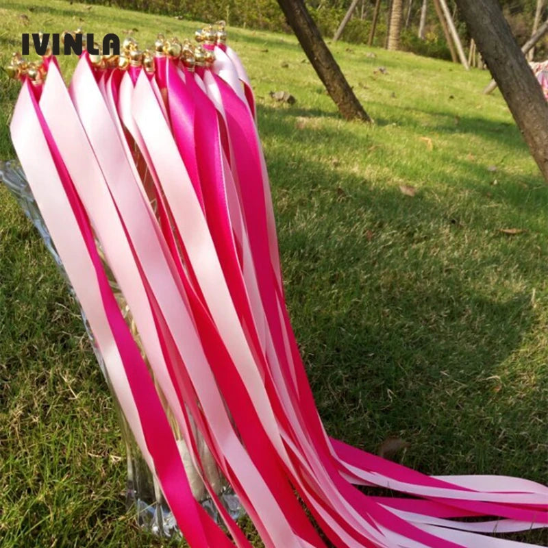 Wedding wand set with fuchsia and pink ribbon and gold bells