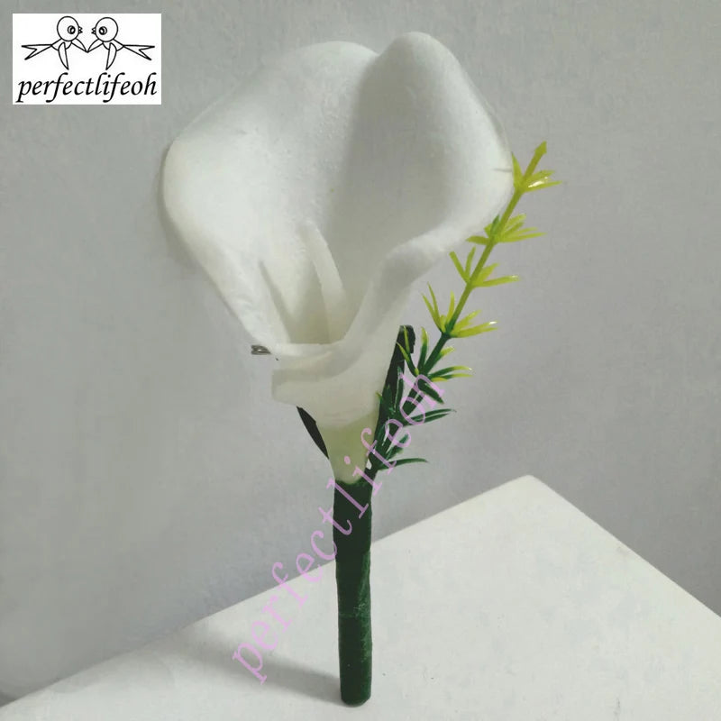 Perfectlifeoh Hand Made White Calla Lily Flower Corsage Groom Groomsman Wedding Party Man Boutonniere Pin Brooch Decoration