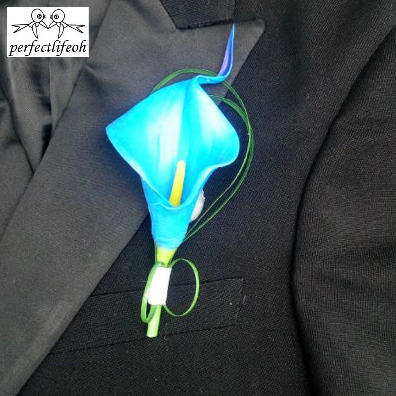 Perfectlifeoh Hand Made White Calla Lily Flower Corsage Groom Groomsman Wedding Party Man Boutonniere Pin Brooch Decoration