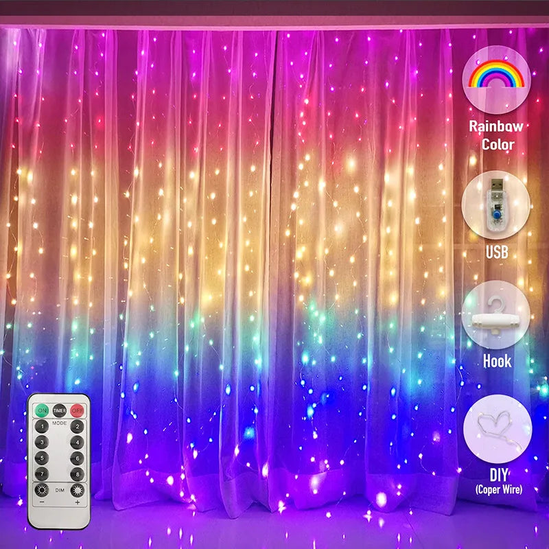 LED Rainbow Icicle Curtain String Lights for Bedroom Wall Background
