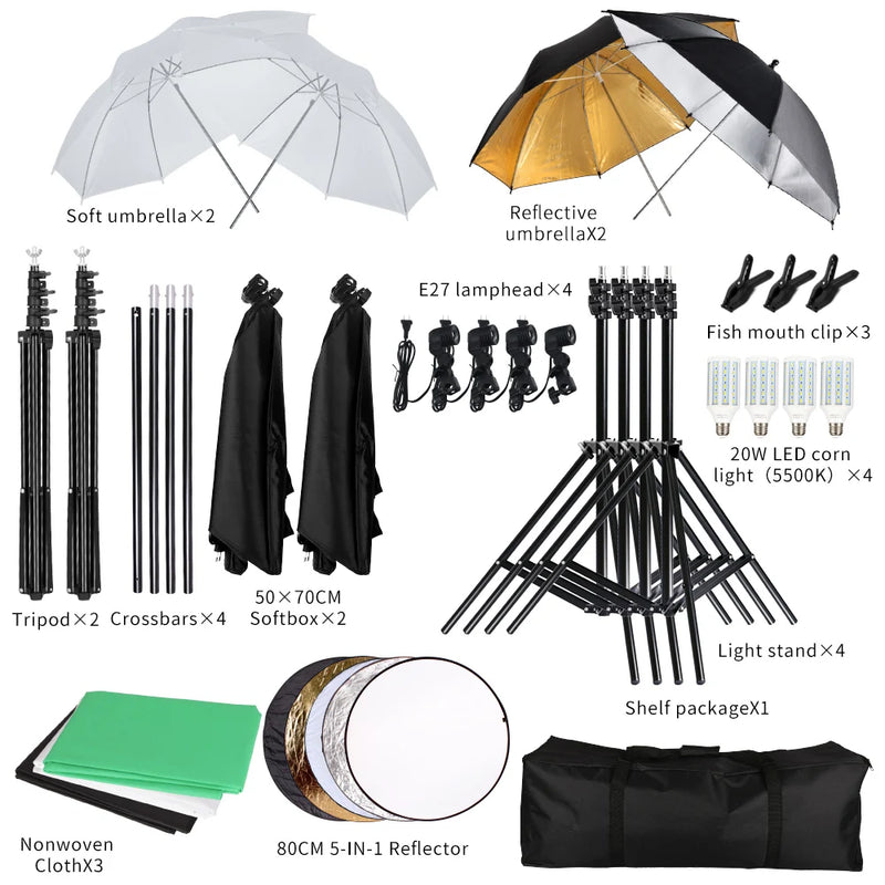 Photography Photo Studio Softbox Lighting Kit With Background Frame 3pcs Backdrops Tripod Stand Reflector Board 4Umbrella