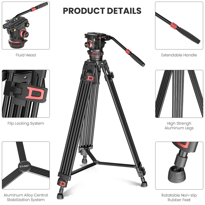 Professional Video Tripod Stand 74'' Metal Heavy Duty Panorama Head 3Section Load 22lb/10kg for DSLR Camera Camcorder. - EVUMO DF6