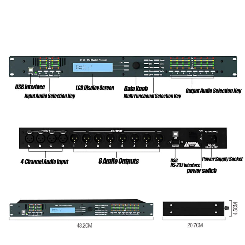 Paulkitson Audio Processor 4.8sp Professional Linear Array Stage Performance Chinese Digital Speaker Bass Divider 4-In And 8-Out