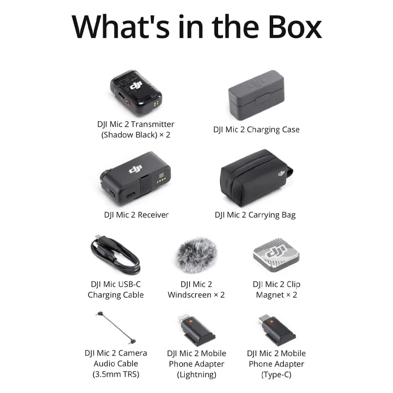 DJI Mic 2 Wireless Microphone with Intelligent Noise Cancelling 32-bit Float Internal Recording Optimized Sound 250m Range