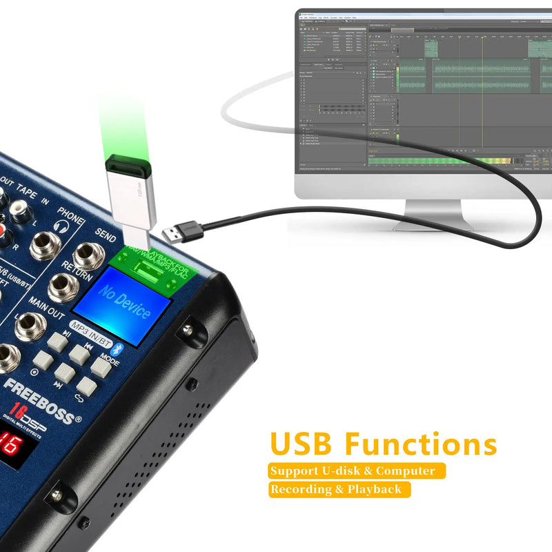 Freeboss 16 Effect 6 Channels Mixing Desk USB Play Record Bluetooth Audio Mixer 3 Band EQ Professional Sound Table Console SMR6