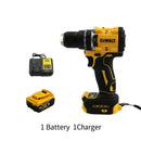 Rechargeable brushless cordless impact drill with power supply.