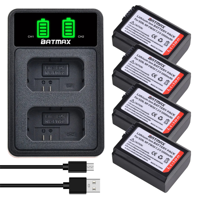 Dual Charger for Sony A6000 A6400 A6300 A6500 A7 A7II A7RII A7SII A7S A7S2 A7R. - 4X 2000mAh NP-FW50 NP FW50 Battery + LED USB