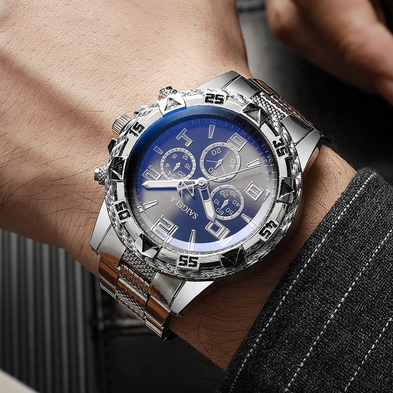 Men Business Watches Fashion, Arabic Dial Steel Band Male's, Quartz Watch Set, (Without Box). - 2pcs/set