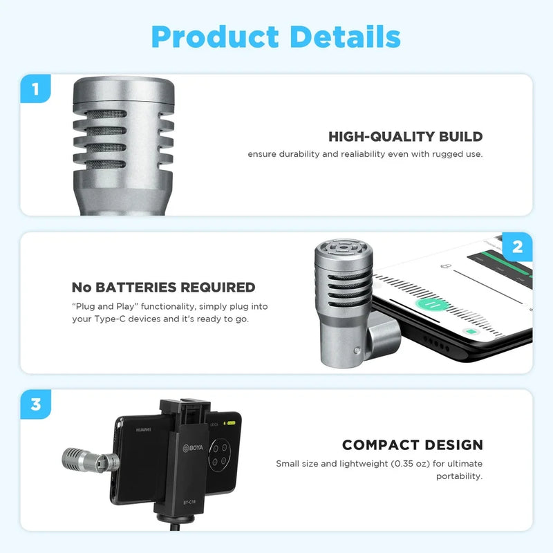 BOYA BY-P4U Omnidirectional Condenser Plug and Play Microphone Type-C Mini Mic for Android Smartphone Tablets Vlog Broadcast