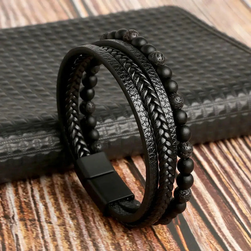 Fashion Layered Handmade Braided Leather Bracelet,Tiger Eyestone Beaded Bracelet, Characteristic Punk Bracelet. - 4 Style