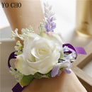 YO CHO Purple Bridesmaid Wrist Flowers Handmade Wedding Corsages and Boutonnieres Brooch Artificial Rose Bride Groom Boutonniere
