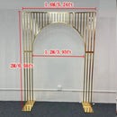 Wedding background decoration with wrought iron frame, shiny arches, golden shelf,