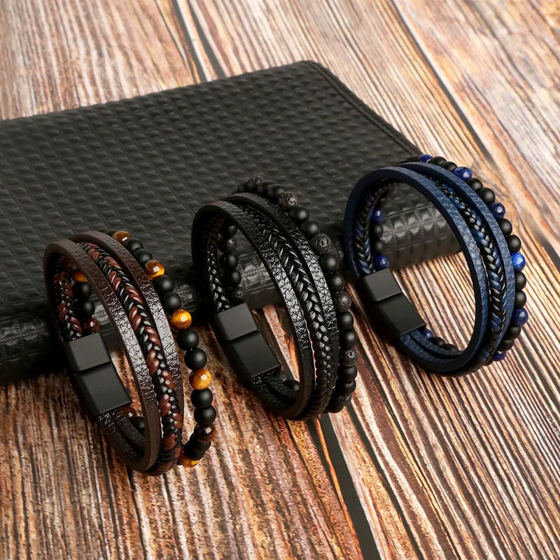 Fashion Layered Handmade Braided Leather Bracelet,Tiger Eyestone Beaded Bracelet, Characteristic Punk Bracelet. - 4 Style
