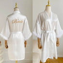 White bridal robe with feathers for wedding, satin robe for women,