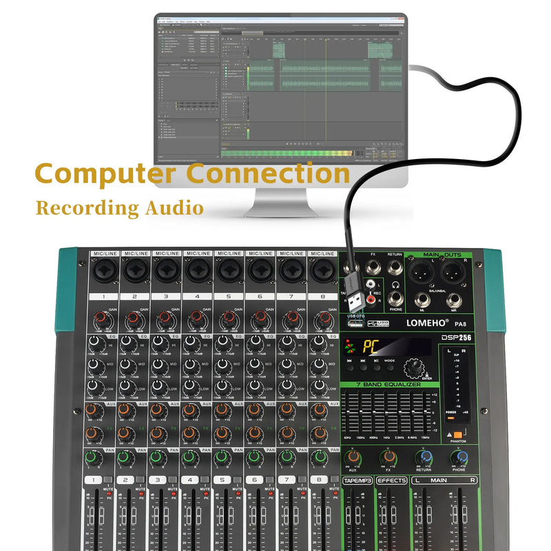 LOMEHO 256 Effects Mixing Console 8 Channels Sound Table 7 Band EQ Bluetooth Audio Mixer 48V USB Play Record DJ Controller PA8