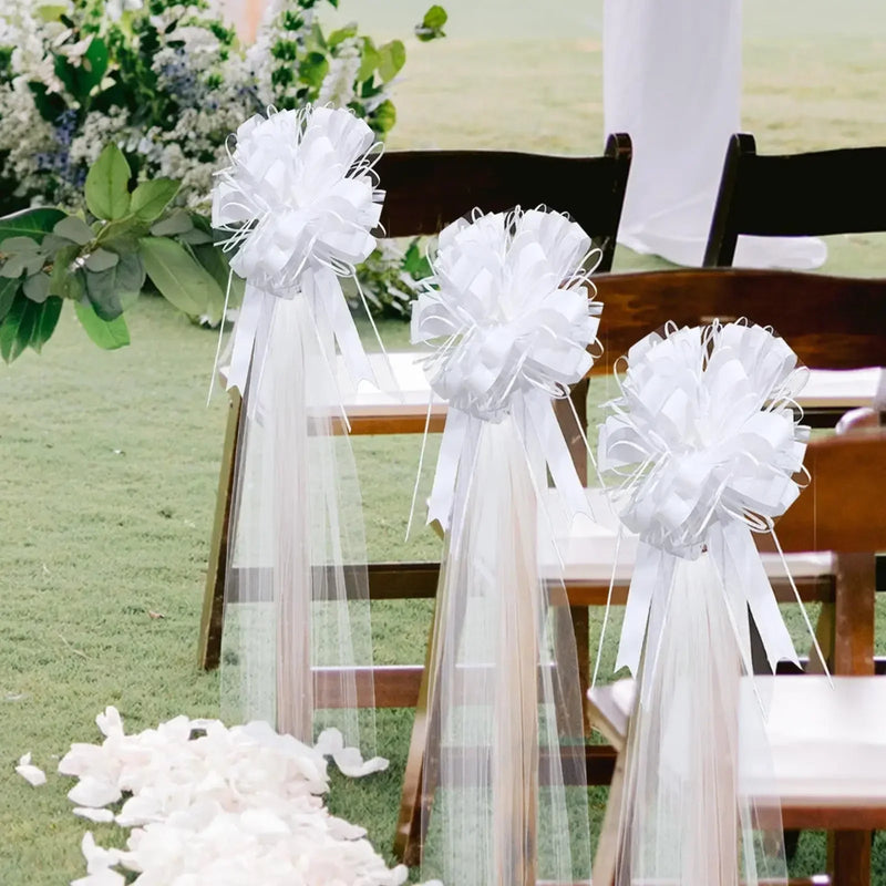Church pew bows with long tulle tails for aisle and chair decoration