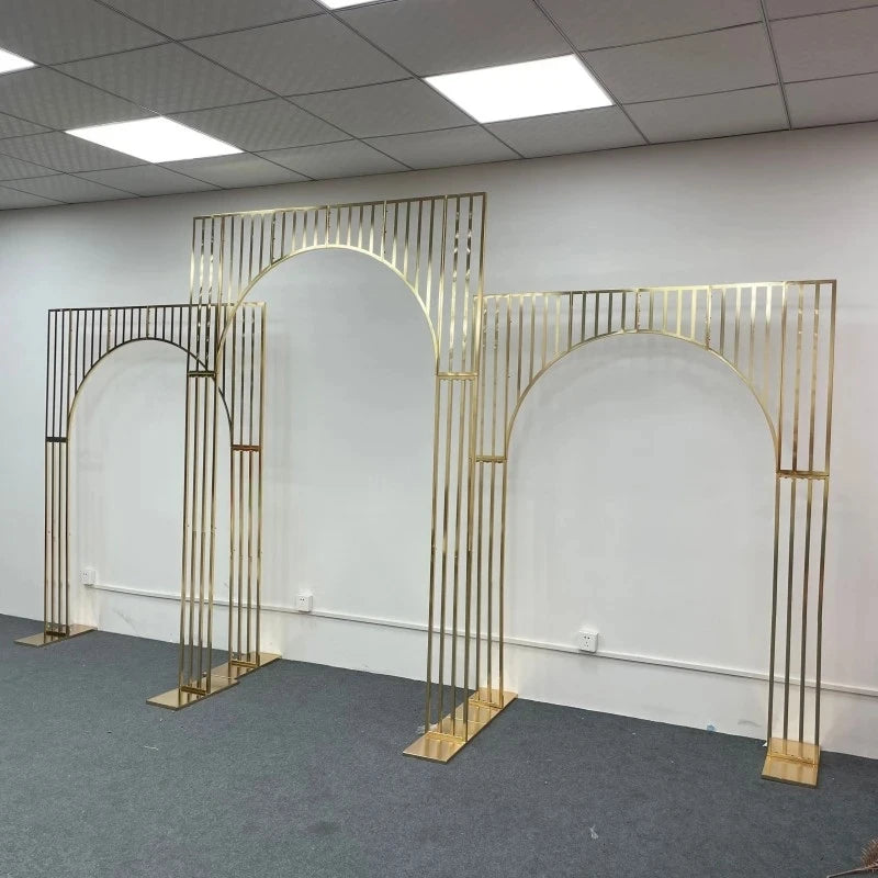 Wedding background decoration with wrought iron frame, shiny arches, golden shelf,