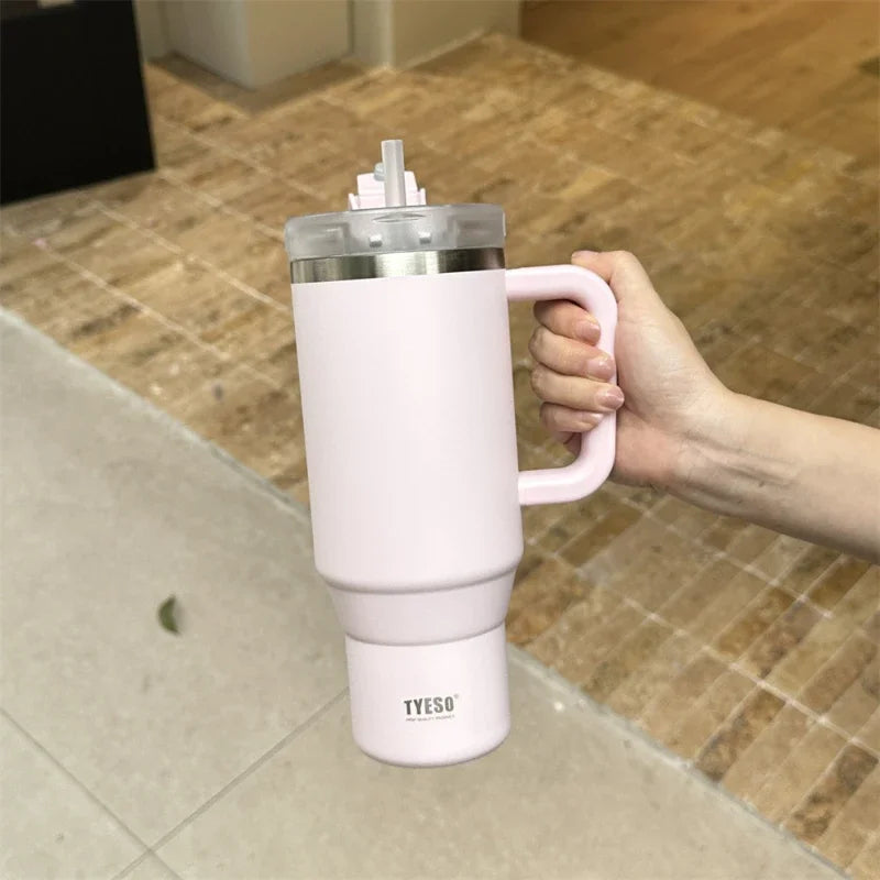 Tyeso Car Stainless Steel Thermal Bottles 30oz/40oz Vacuum Thermos Cup with Handle Straw Hiking Portable Water Bottle Coffee Cup