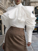 Vintage Solid Office Blouse Women Ruffled Stitching Street Shirts Spring 3D Long Sleeve Tops Casual Loose Buttons Tunics - ZANZEA