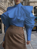 Vintage Solid Office Blouse Women Ruffled Stitching Street Shirts Spring 3D Long Sleeve Tops Casual Loose Buttons Tunics - ZANZEA