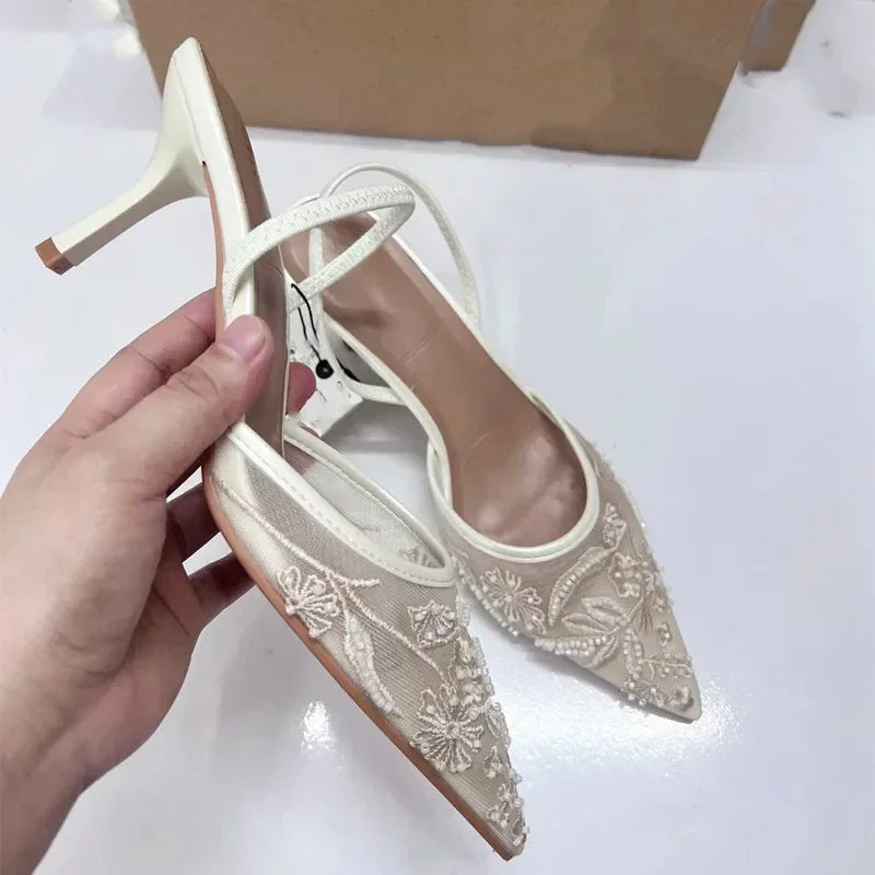 Mesh Open Heel Sandals Shoes Fashion. Print Pointed End for Women. High-heel  Stiletto