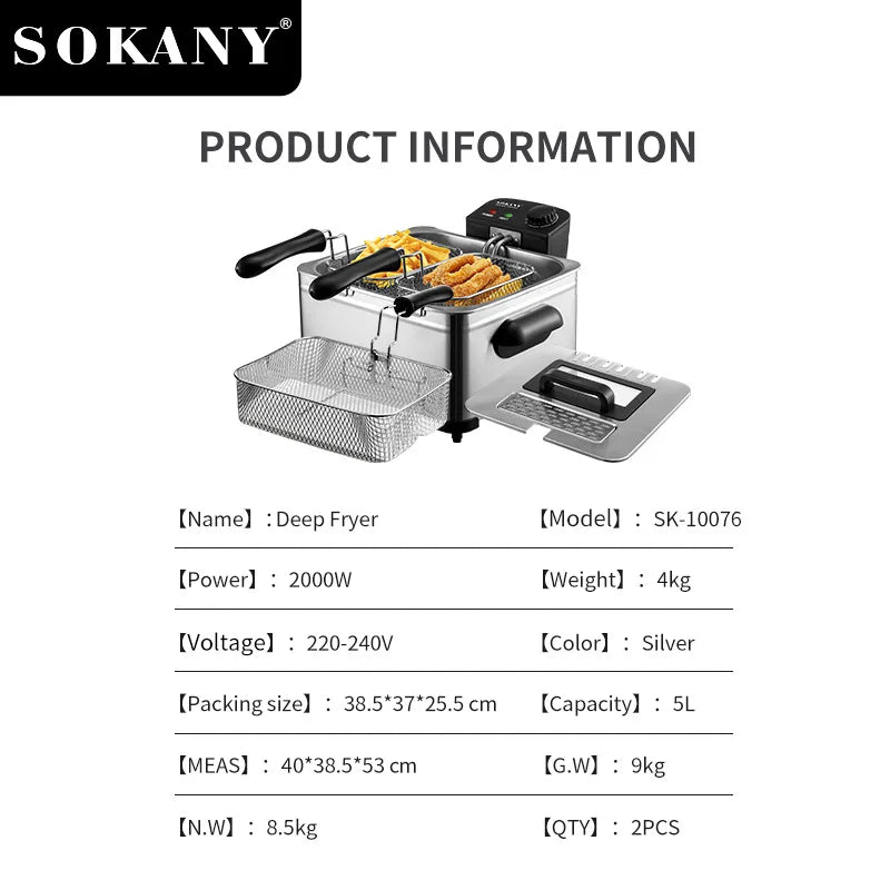 Electric Deep Fryer with Lid 5 Liters Capacity, Temperature Control,View Window,Three Frying Baskets,2000W. - Houselin