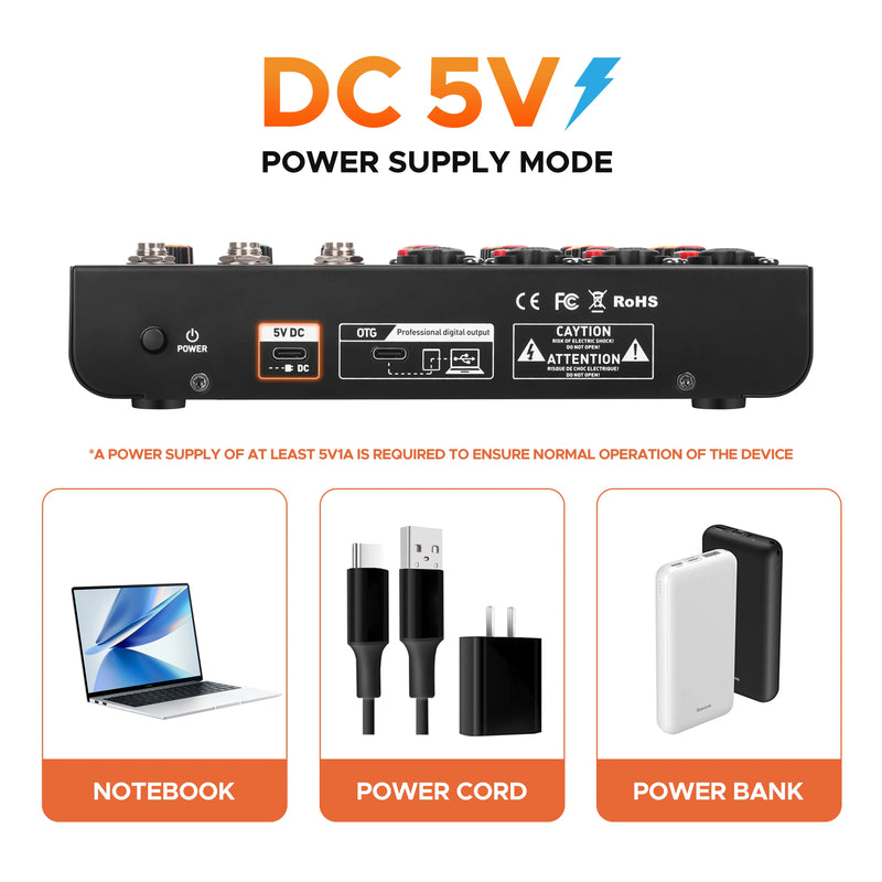 Debra Mini 6 6-Channel Audio Mixer DJ Console with Bluetooth 5.0 OTG Reverb 48V Sound Card for PC Recording, Webcasting