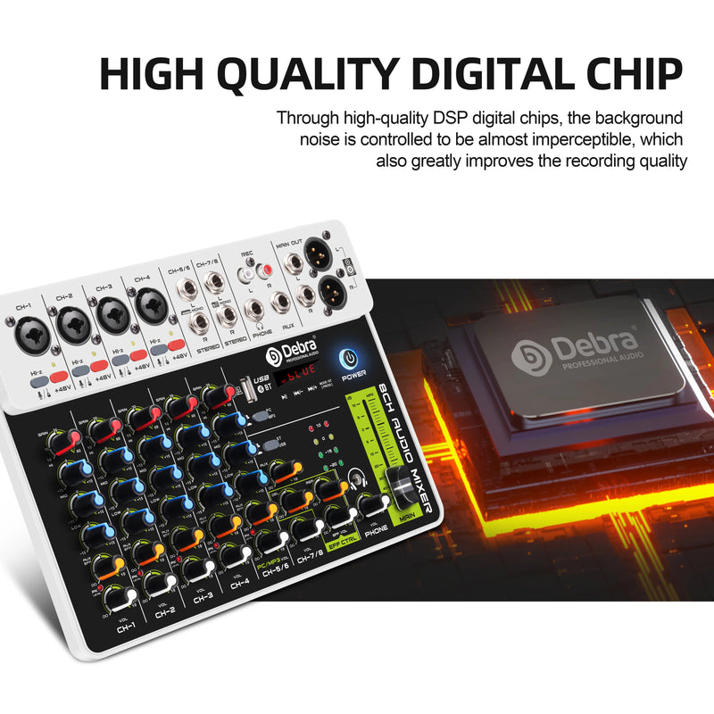 4/8 Channel Audio Mixer DJ Controller Sound Mixing Console With Bluetooth Phantom Power Delay Repaeat Effect  For PC Recording
