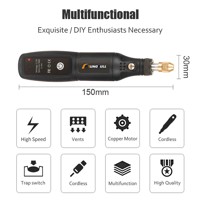 Dremel tool, cordless drill, rotary tool, mini electric drill.