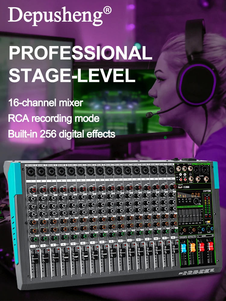 16 Channels Audio Sound Mixer Depusheng MG16 Mixing DJ Console USB with 48V Phantom Power 256 DSP Effects Sound Table for stage