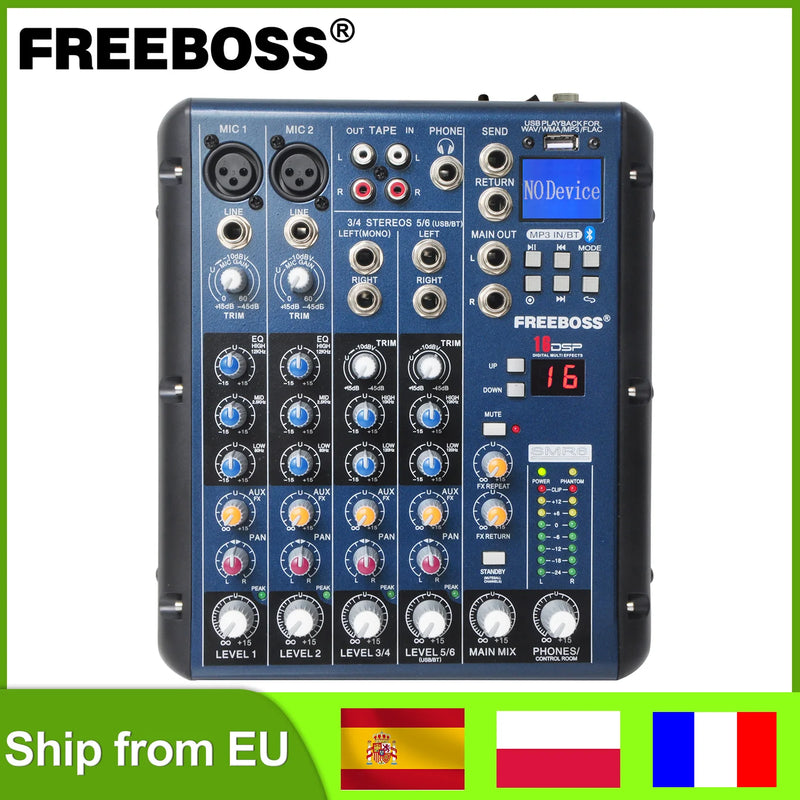 Freeboss 16 Effect 6 Channels Mixing Desk USB Play Record Bluetooth Audio Mixer 3 Band EQ Professional Sound Table Console SMR6