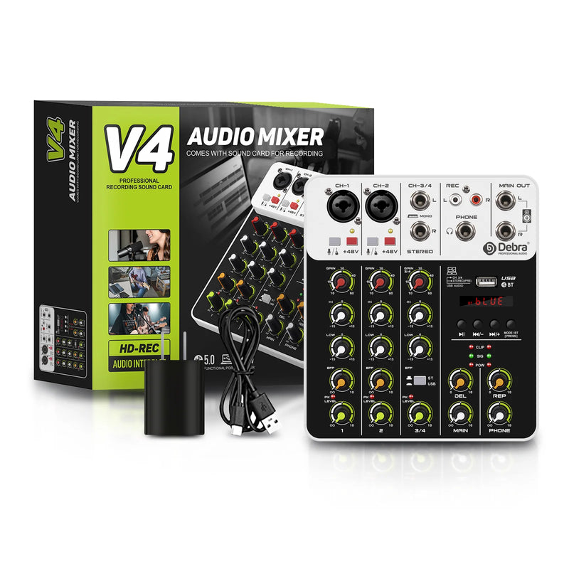Debra V4 4 Channels Audio Mixer With Bluetooth USB 48V Phantom Power Delay Repaeat Effect  For Sound Mixing Console PC Recording