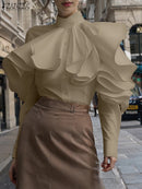 Vintage Solid Office Blouse Women Ruffled Stitching Street Shirts Spring 3D Long Sleeve Tops Casual Loose Buttons Tunics - ZANZEA