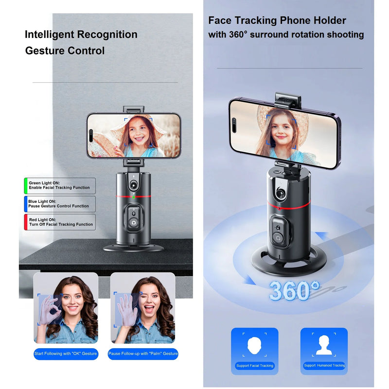 Auto Face Tracking Tripod 360° Rotation, AI Follow-up Selfie Desktop Face Tracking Phone Holder Gimbal Stabilizer for Phone