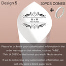 Personalized wedding confetti cones with names and date,