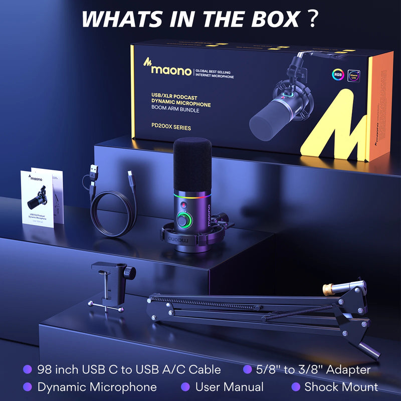 Dynamic Microphone XLR/USB Dual mode Dynamic Mic Podcast Mic with Maonolink Software and Gain Knob for Recording. - Maono PD200XS