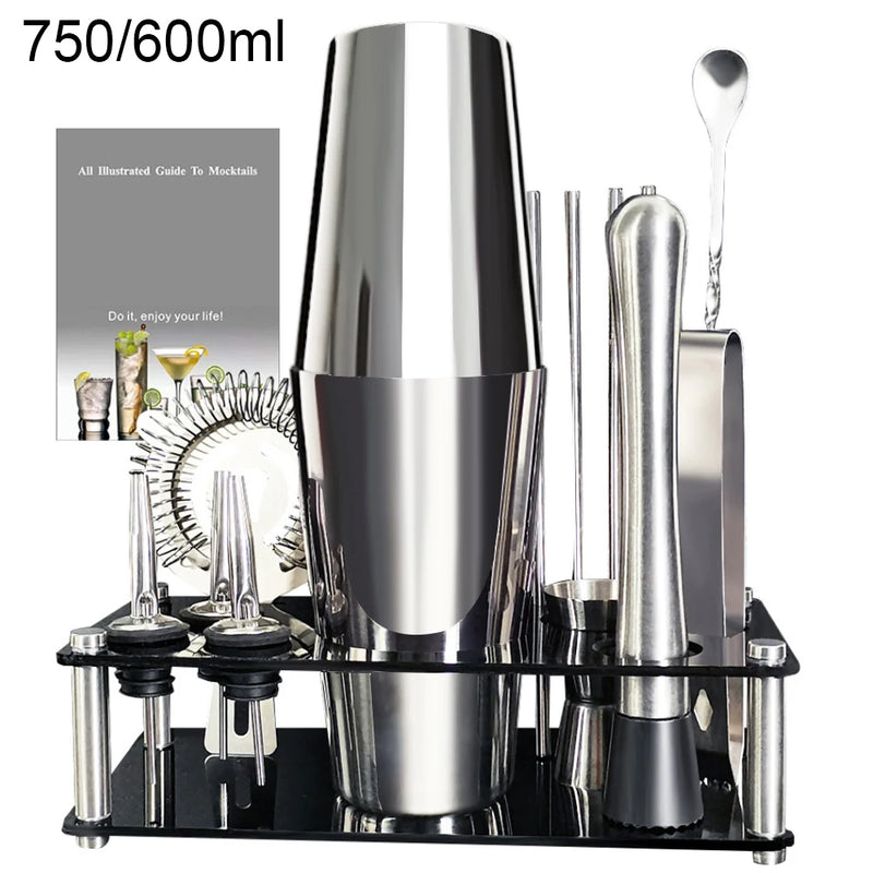 Boston Cocktail Shaker Bar Tools Wine Mixer Set Bartender Cocktail Shaker Tool Kit with Holder. - 13-22Pcs 750ml 600ml