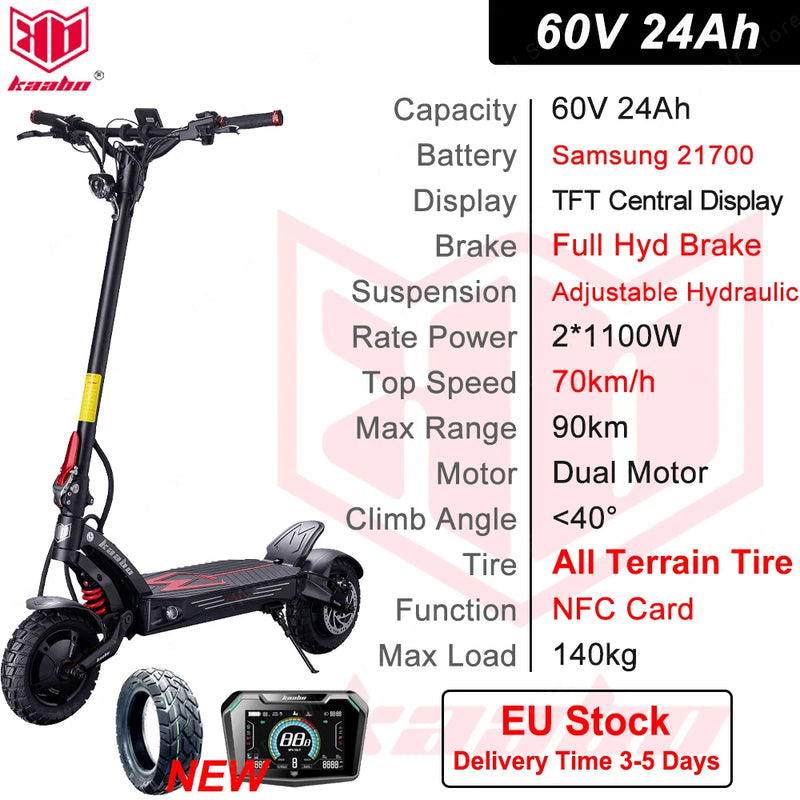 Kaabo Mantis King GT 60V 24Ah 1100W * 2 Motor 70 km/h Smart Central Display NFC Lock Adjustable Oil Spring Shock Hydraulic Brake