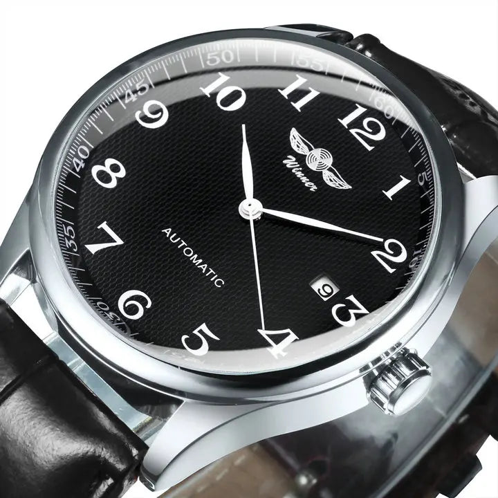Winner Classic Business Watch for Men Retro Calendar Blue Hands Automatic Mechanical Watches Top Brand Luxury Steel Leather Belt