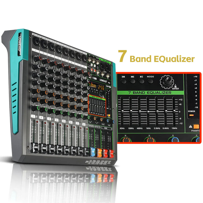 LOMEHO 256 Effects Mixing Console 8 Channels Sound Table 7 Band EQ Bluetooth Audio Mixer 48V USB Play Record DJ Controller PA8