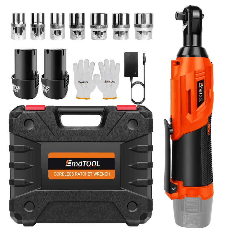 Cordless Electric Ratchet Wrench,90°. Angle Wrench 12V Power Ratchet Tool with 2 Batteries & Charger+7 Sockets. - DayPlus 200NM 3/8"