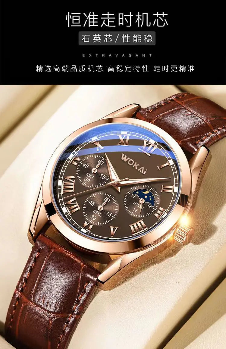 Quartz Watch, Fashion Business, Three-Eye Roman Dial Bamboo Belt.