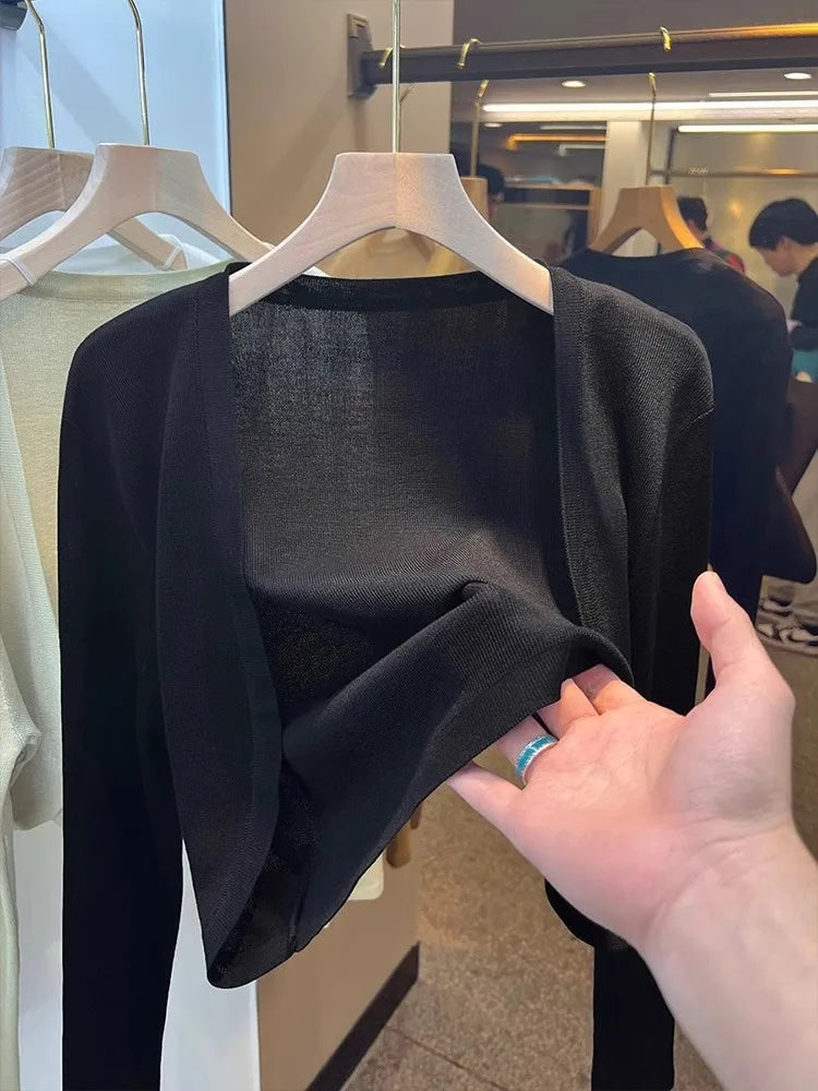 Short Ice Silk Knitted Sun Protection Cardigan Women's Thin Summer Suspender Skirt Layered Gauze Jacket Air-conditioned Cover Up