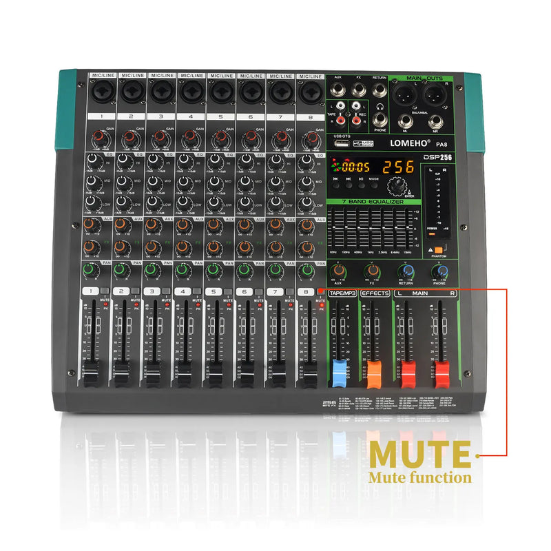 LOMEHO 256 Effects Mixing Console 8 Channels Sound Table 7 Band EQ Bluetooth Audio Mixer 48V USB Play Record DJ Controller PA8