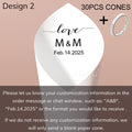 Personalized wedding confetti cones with names and date,